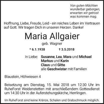 Traueranzeige von Maria Allgaffer von SÜDWEST PRESSE Ausgabe Ulm/Neu-Ulm