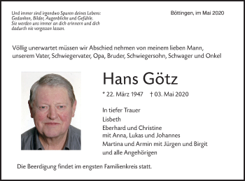 Traueranzeige von Hans Götz von Alb-Bote/Metzinger-Uracher Volksblatt