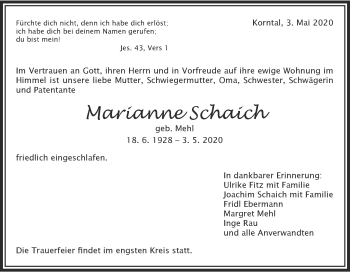Traueranzeige von Marianne Schaich von Metzinger-Uracher Volksblatt