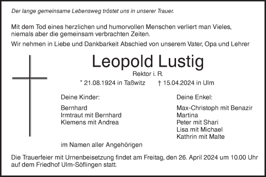 Traueranzeige von Leopold Lustig von SÜDWEST PRESSE Ausgabe Ulm/Neu-Ulm