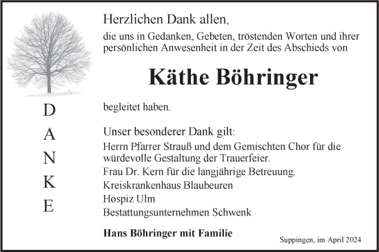 Traueranzeige von Käthe Böhringer von Das Blaumännle