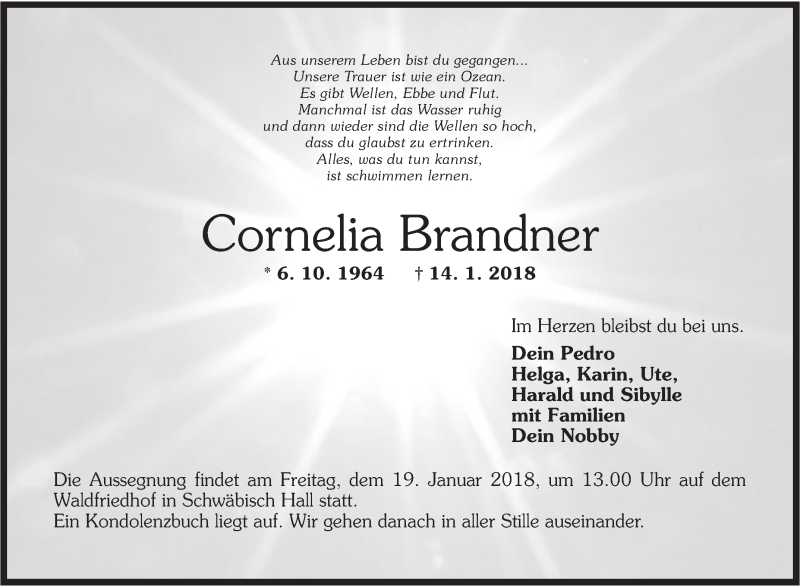  Traueranzeige für Cornelia Brandner vom 17.01.2018 aus Rundschau Gaildorf