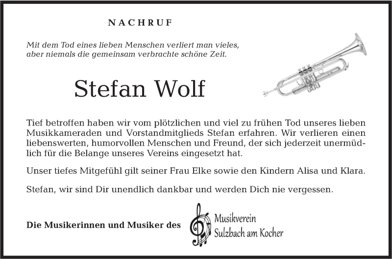  Traueranzeige für Stefan Wolf vom 11.10.2018 aus Rundschau Gaildorf
