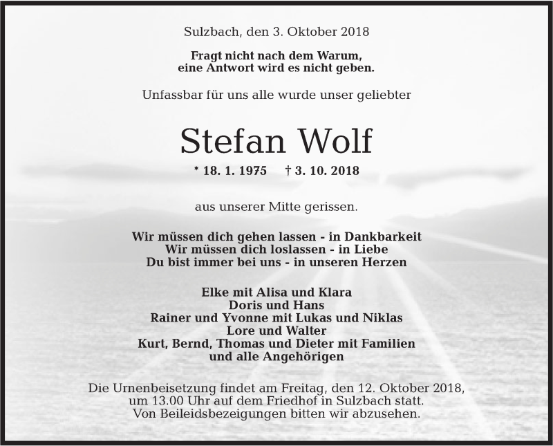  Traueranzeige für Stefan Wolf vom 10.10.2018 aus Rundschau Gaildorf
