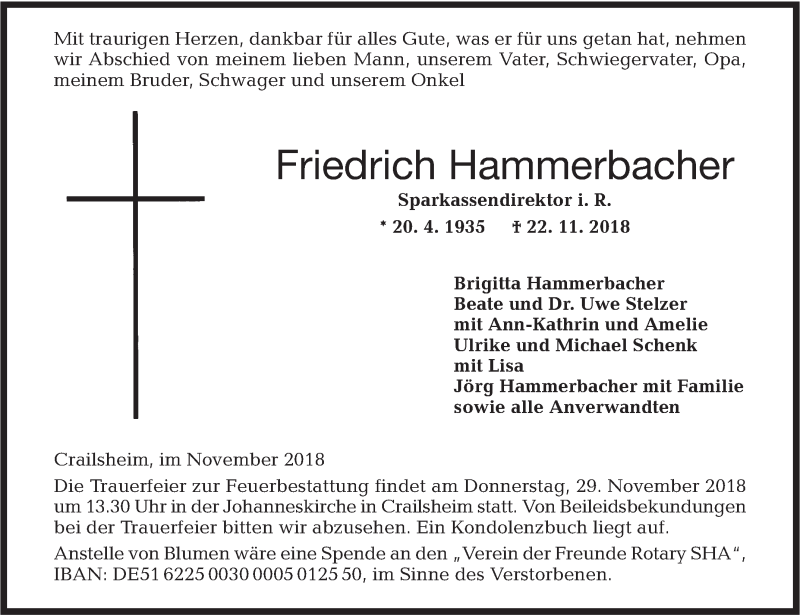  Traueranzeige für Friedrich Hammerbacher vom 26.11.2018 aus Haller Tagblatt