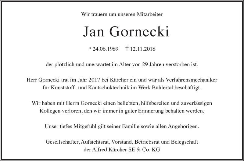  Traueranzeige für Jan Gornecki vom 15.11.2018 aus Rundschau Gaildorf