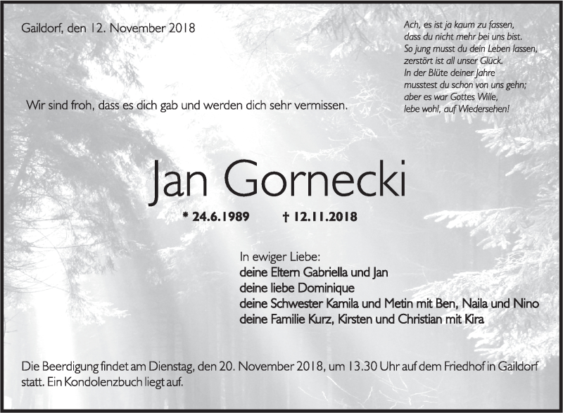  Traueranzeige für Jan Gornecki vom 15.11.2018 aus Rundschau Gaildorf