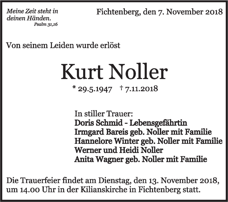  Traueranzeige für Kurt Noller vom 09.11.2018 aus Rundschau Gaildorf
