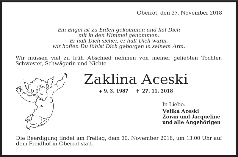  Traueranzeige für Zaklina Aceski vom 29.11.2018 aus Rundschau Gaildorf