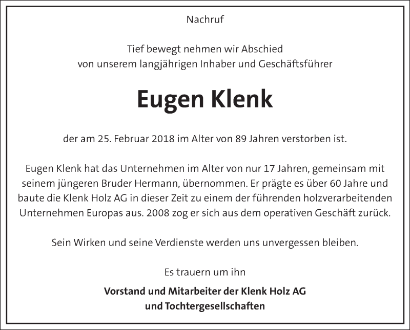  Traueranzeige für Eugen Klenk vom 03.03.2018 aus Rundschau Gaildorf