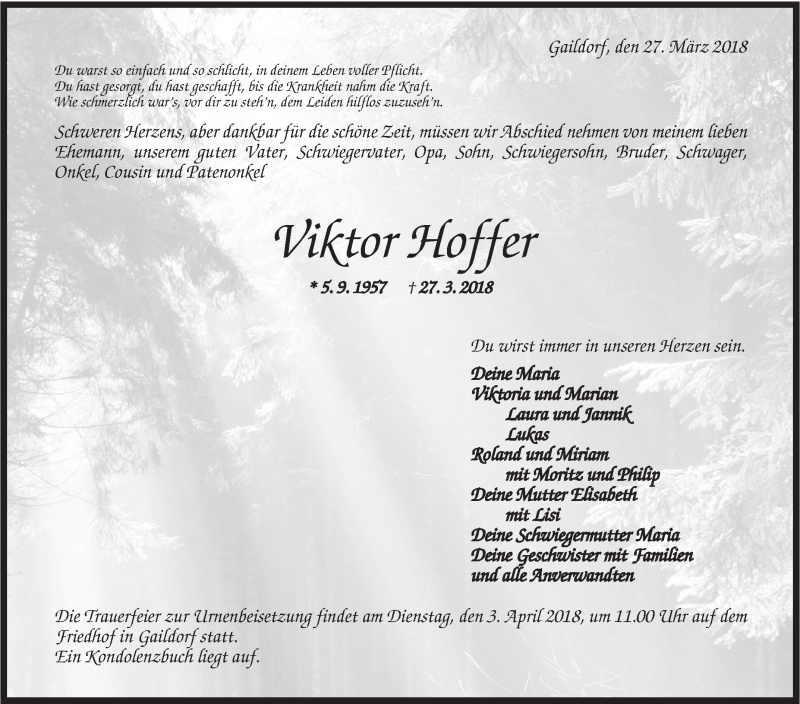  Traueranzeige für Viktor Hoffer vom 29.03.2018 aus Rundschau Gaildorf