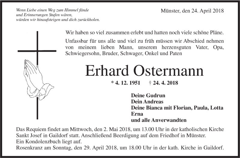  Traueranzeige für Erhard Ostermann vom 28.04.2018 aus Rundschau Gaildorf