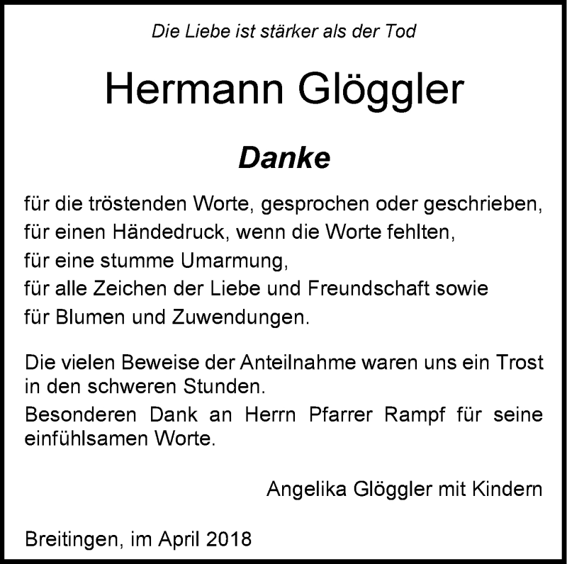  Traueranzeige für Hermann Glöggler vom 12.04.2018 aus SÜDWEST PRESSE Ausgabe Ulm/Neu-Ulm