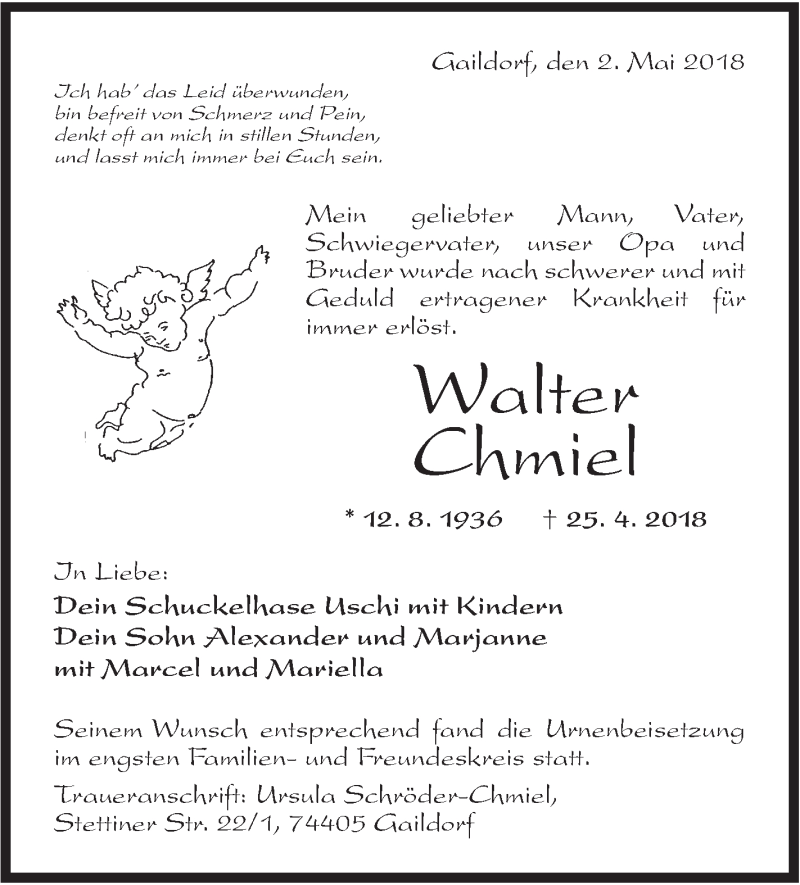  Traueranzeige für Walter Chmiel vom 03.05.2018 aus Hohenloher Tagblatt