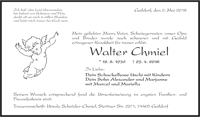  Traueranzeige für Walter Chmiel vom 03.05.2018 aus Rundschau Gaildorf