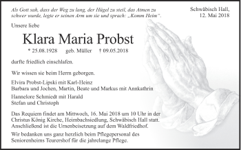 Traueranzeige von Klara Maria Probst von Haller Tagblatt