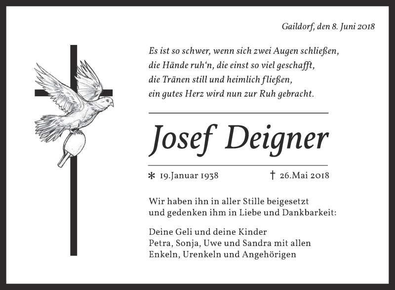  Traueranzeige für Josef Deigner vom 09.06.2018 aus Rundschau Gaildorf