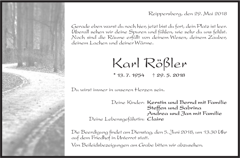  Traueranzeige für Karl Rößler vom 02.06.2018 aus Rundschau Gaildorf