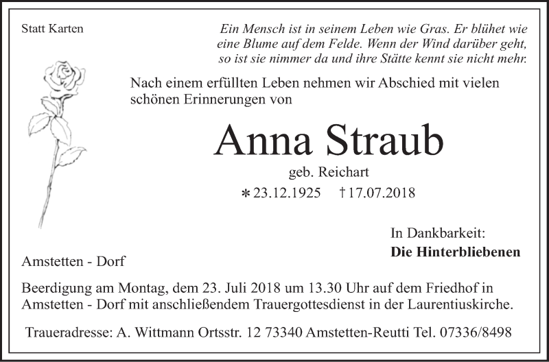  Traueranzeige für Anna Straub vom 19.07.2018 aus SÜDWEST PRESSE Ausgabe Ulm/Neu-Ulm