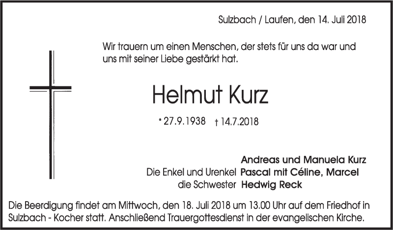  Traueranzeige für Helmut Kurz vom 17.07.2018 aus Rundschau Gaildorf