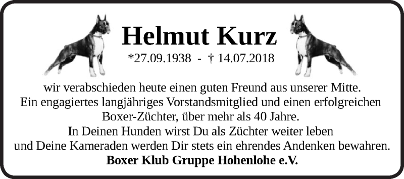  Traueranzeige für Helmut Kurz vom 18.07.2018 aus Haller Tagblatt