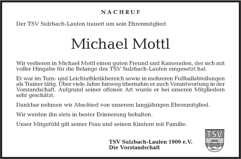  Traueranzeige für Michael Mottl vom 19.07.2018 aus Rundschau Gaildorf