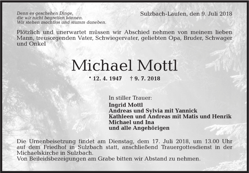  Traueranzeige für Michael Mottl vom 14.07.2018 aus Rundschau Gaildorf