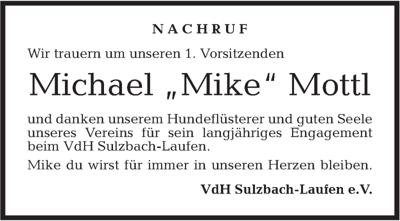  Traueranzeige für Michael Mottl vom 25.07.2018 aus Rundschau Gaildorf