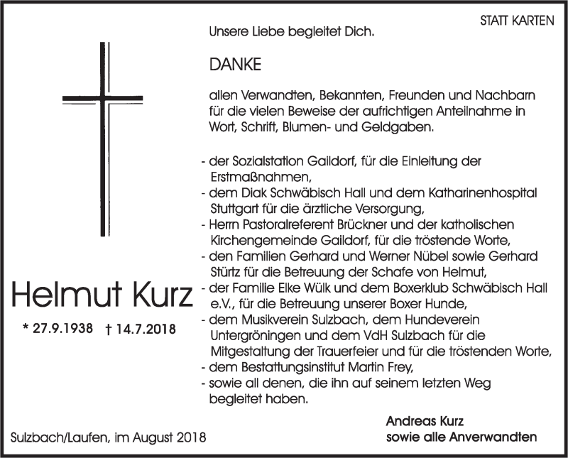  Traueranzeige für Helmut Kurz vom 04.08.2018 aus Rundschau Gaildorf