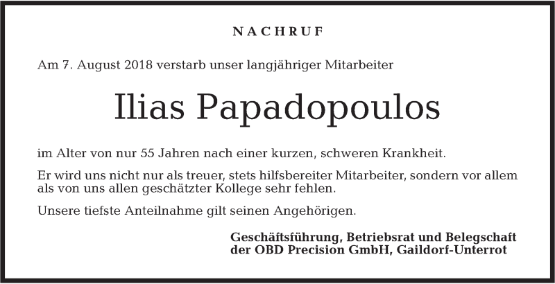  Traueranzeige für Ilias Papadopoulos vom 11.08.2018 aus Rundschau Gaildorf