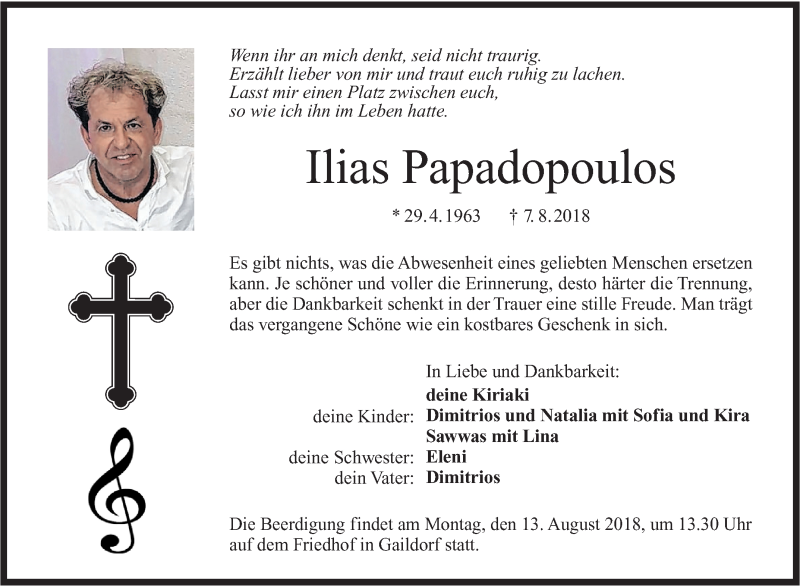 Traueranzeige für Ilias Papadopoulos vom 10.08.2018 aus Rundschau Gaildorf