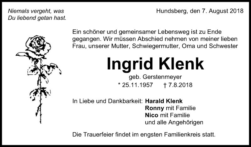  Traueranzeige für Ingrid Klenk vom 09.08.2018 aus Rundschau Gaildorf