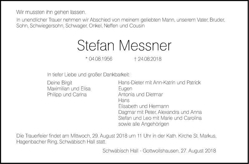  Traueranzeige für Stefan Messner vom 27.08.2018 aus Haller Tagblatt