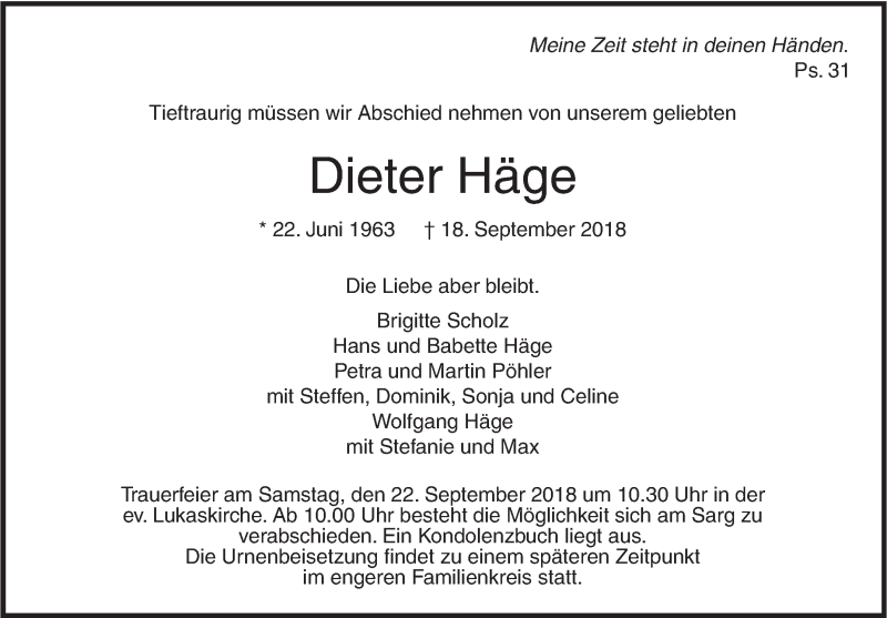  Traueranzeige für Dieter Häge vom 20.09.2018 aus SÜDWEST PRESSE Ausgabe Ulm/Neu-Ulm