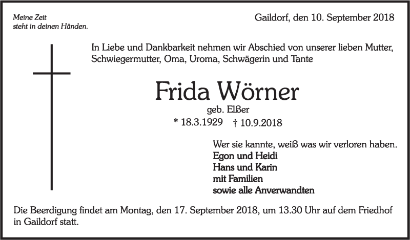  Traueranzeige für Frida Wörner vom 14.09.2018 aus Rundschau Gaildorf