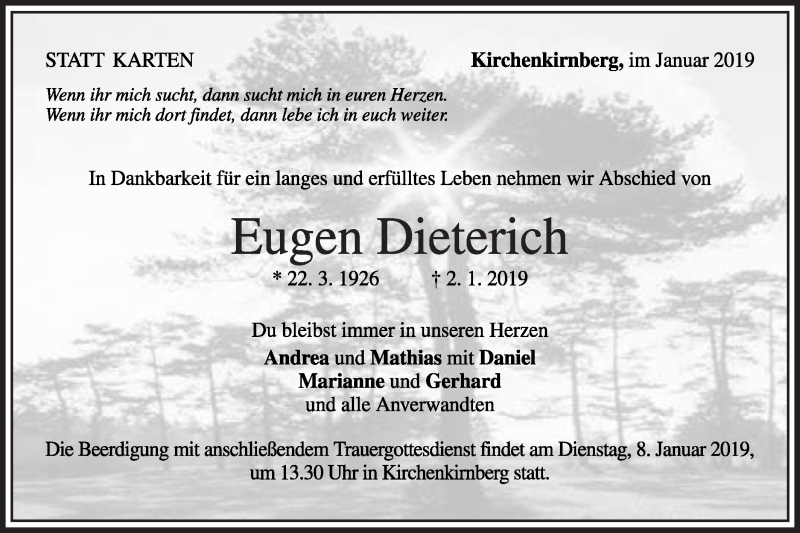  Traueranzeige für Eugen Dieterich vom 05.01.2019 aus Rundschau Gaildorf