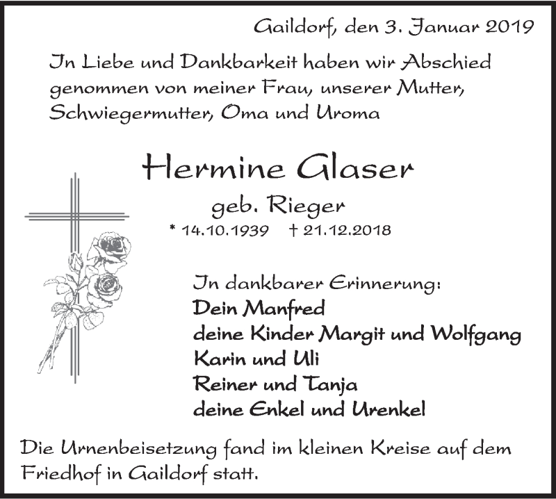  Traueranzeige für Hermine Glaser vom 04.01.2019 aus Rundschau Gaildorf