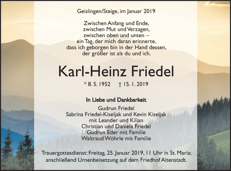  Traueranzeige für Karl-Heinz Friedel vom 18.01.2019 aus Geislinger Zeitung