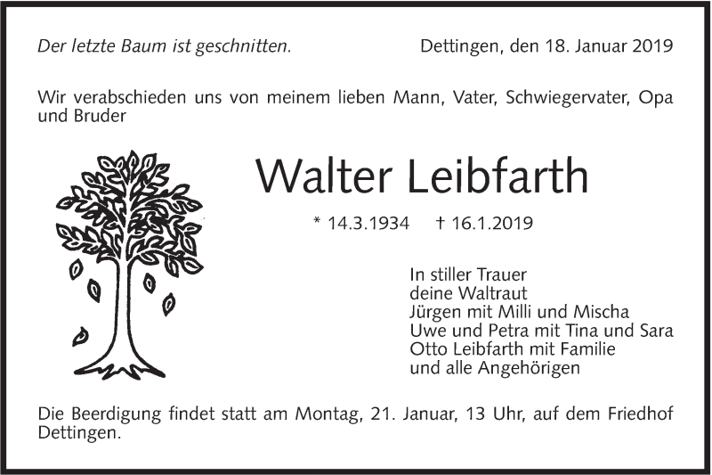  Traueranzeige für Walter Leibfarth vom 18.01.2019 aus Metzinger-Uracher Volksblatt