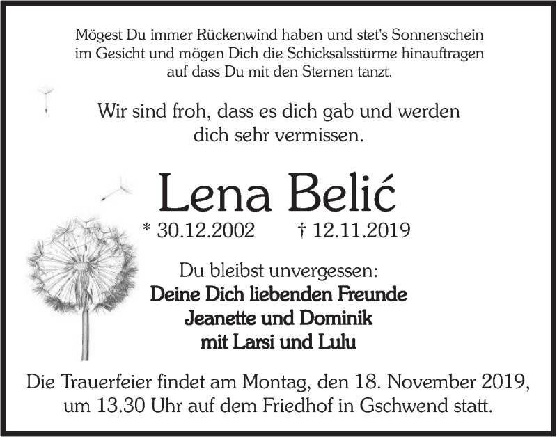 Traueranzeige für Lena Belic vom 15.11.2019 aus Rundschau Gaildorf