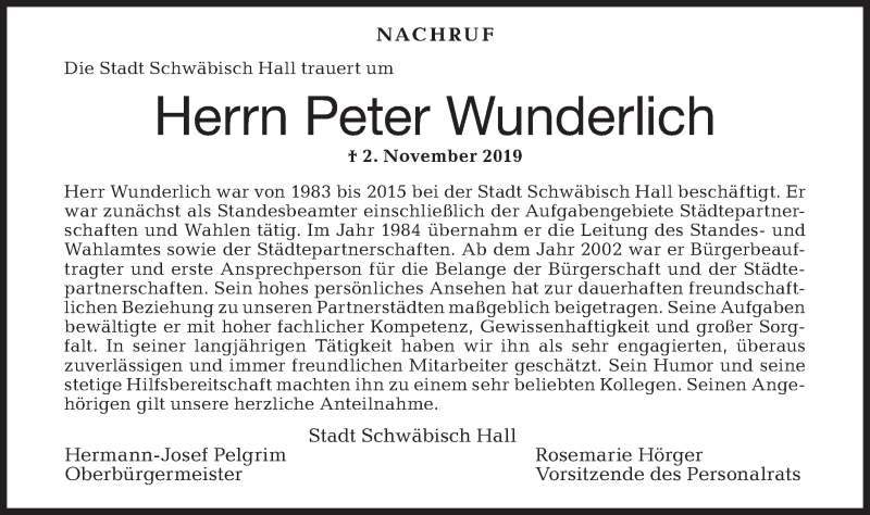  Traueranzeige für Peter Wunderlich vom 07.11.2019 aus Haller Tagblatt/Rundschau Gaildorf