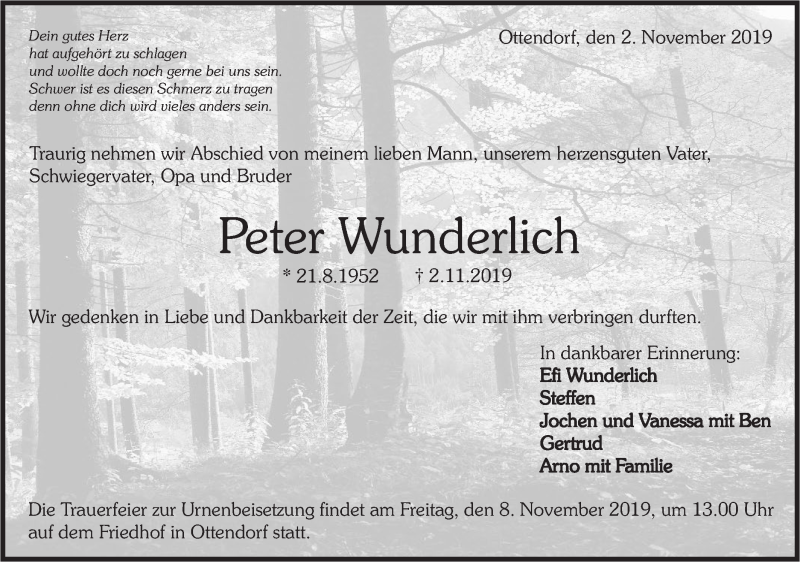  Traueranzeige für Peter Wunderlich vom 05.11.2019 aus Rundschau Gaildorf