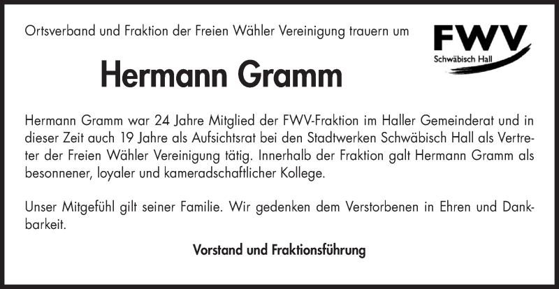  Traueranzeige für Hermann Gramm vom 12.12.2019 aus Haller Tagblatt
