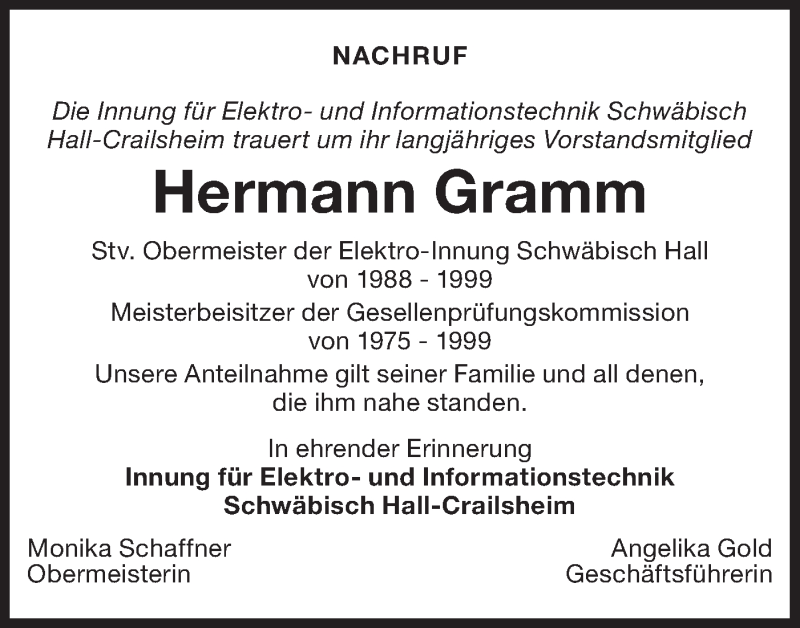  Traueranzeige für Hermann Gramm vom 11.12.2019 aus Haller Tagblatt