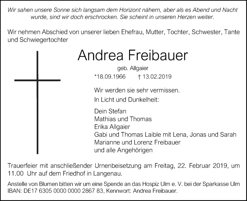  Traueranzeige für Andrea Freibauer vom 16.02.2019 aus SÜDWEST PRESSE Ausgabe Ulm/Neu-Ulm