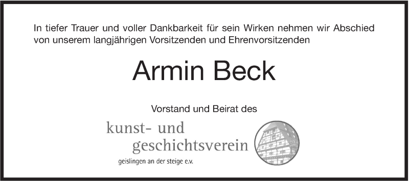  Traueranzeige für Armin Beck vom 21.02.2019 aus Geislinger Zeitung
