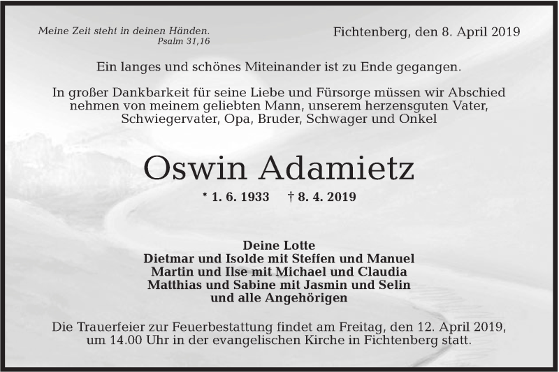  Traueranzeige für Oswin Adamietz vom 10.04.2019 aus Rundschau Gaildorf