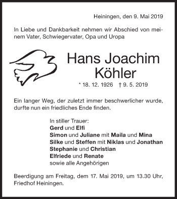 Traueranzeige von Hans Joachim Köhler von NWZ Neue Württembergische Zeitung