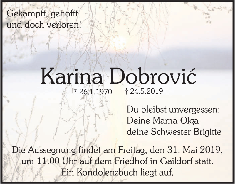  Traueranzeige für Karina Dobrovic vom 28.05.2019 aus Rundschau Gaildorf