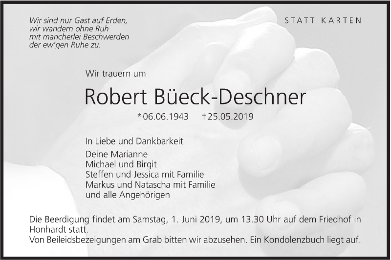  Traueranzeige für Robert Büeck-Deschner vom 31.05.2019 aus Haller Tagblatt/Rundschau Gaildorf/Hohenloher Tagblatt